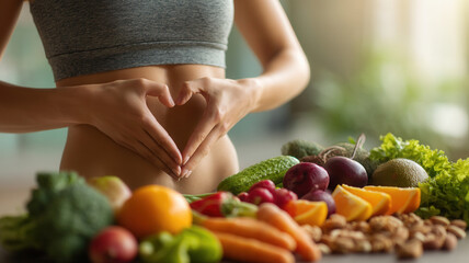 Healthy wellness woman making heart shape with hands over bare abdomen while fresh fruits vegetables nuts arranged on table