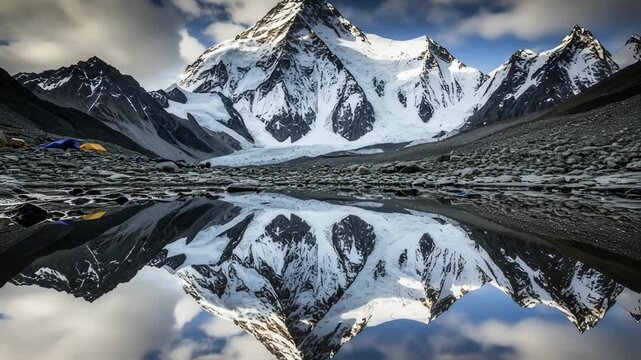 Majestic K2 Mountain Reflected in Serene Alpine Lake with Expedition Camp and Glacier Landscape