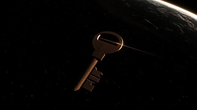 An antique key drifting serenely in the dark of space above Earth's gently lit curvature