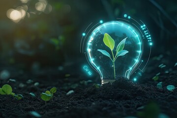 Human hand interacting with futuristic green eco technology data interface.