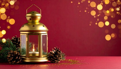 Golden Lanterns & Festive Ambiance: A warm, inviting tableau featuring a golden lantern casting a gentle glow against a rich crimson backdrop, accompanied by pine cones.