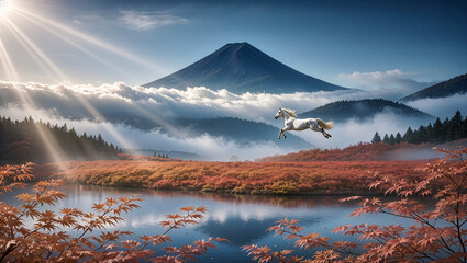 光に向かって空駆ける馬の招福イラスト