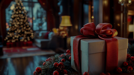 Cozy christmas scene with gifts and decorated tree