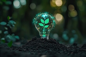 Human hand interacting with futuristic green eco technology data interface.