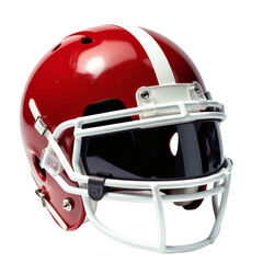 Fototapeta premium Red american football helmet with white stripes and face mask