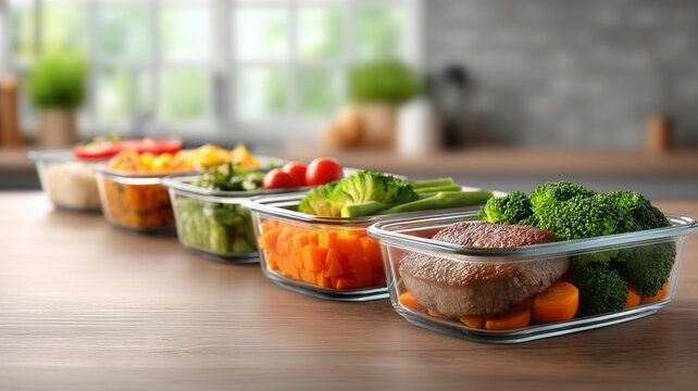 Meal prep containers with steak broccoli carrot wellness and fresh vegetables in kitchen light