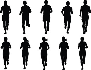 Silhouetted runners a group of people jogging against a white background