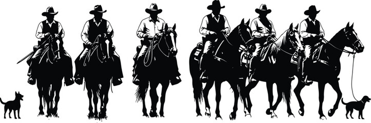 Silhouette of cowboys on horseback with dogs in a vintage style