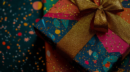 Colorful gift box with glittering bow and bokeh lights