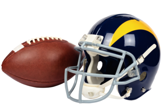 American football helmet and ball on white background
