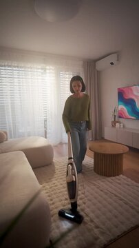 lively young woman diligently tidies her home using wireless vacuum cleaner in casual setting