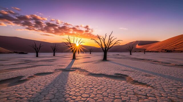 Dramatic desert sunrise in Deadvlei, Namibia, with iconic dead trees casting long shadows on cracked earth.