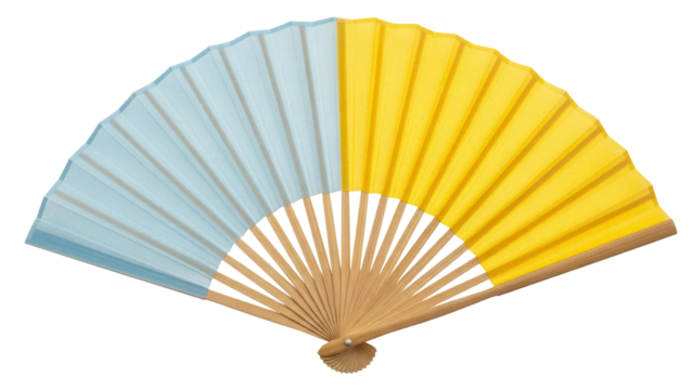 Open hand fan PNG isolated on transparent background, half blue and half yellow folding fan for summer and oriental design - Powered by Adobe
