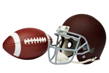 American football helmet and ball on white background