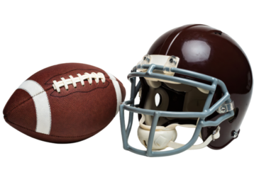 American football helmet and ball on white background