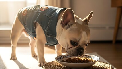 Minimalist Pet Accessories on Clean A Bulldog in a Denim Vest Enjoys Meal