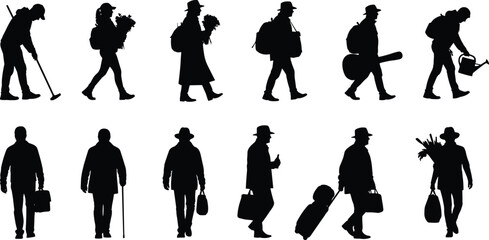 Silhouettes of diverse individuals with items, lifestyle vector illustration, black graphic icons for travel, work, hobbies, and daily activity themes © Masuduzzaman