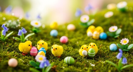 Enchanting easter scene featuring fluffy chicks among colorful eggs