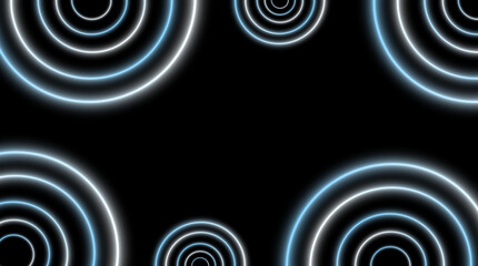 Abstract glowing circles on black background - Glowing abstract white and blue circular light shapes on black background with soft radiant halo effect.