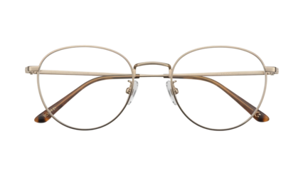 Elegant gold metal frame eyeglasses isolated PNG on transparent background, stylish eyewear for vision correction and fashion accessory