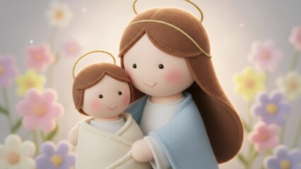 Obraz premium Knitted mother and child doll, representing Mary and baby Jesus. Religious nativity scene decoration for Christmas.