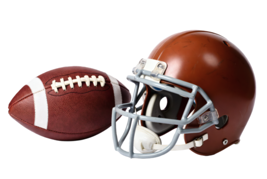 American football and protective helmet on white background