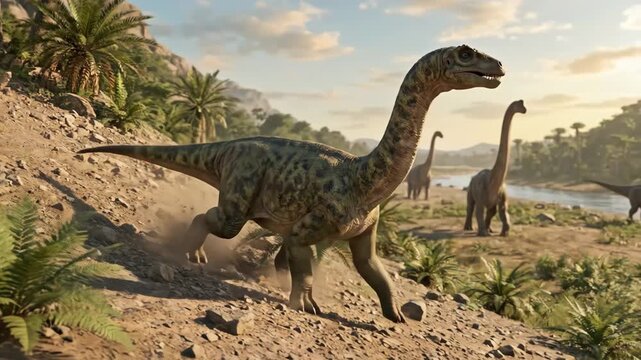 Group of long-neck sauropod dinosaurs, possibly plateosaurus, moving through a prehistoric landscape with lush vegetation and a winding river under a clear sky