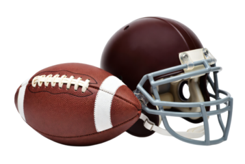 American football helmet and ball on white background