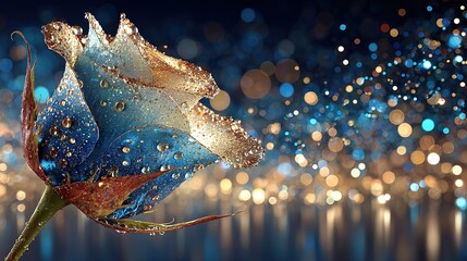 Premium beauty key visual: dusk-lit indigo rose with dew, soft contrast exudes luxury, ideal for serum packaging or magazine spread