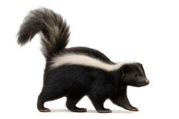 Skunk walking, side view, black and white striped mammal with furry tail, wildlife animal portrait on transparent background