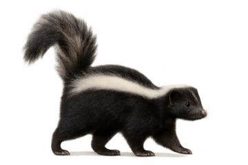 Skunk walking, side view, black and white striped mammal with furry tail, wildlife animal portrait on transparent background