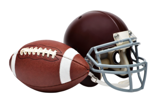American football helmet and ball on white background