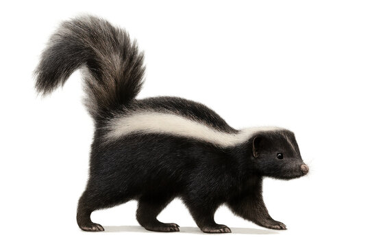 Skunk walking, side view, black and white striped mammal with furry tail, wildlife animal portrait on transparent background