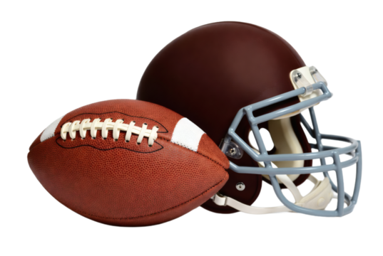 American football helmet and ball on white background