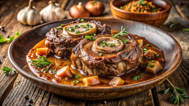 Braised osso buco with bone marrow served on rustic plate presents a tempting culinary delight. Braised osso buco offers tender meat and rich bone marrow flavors.