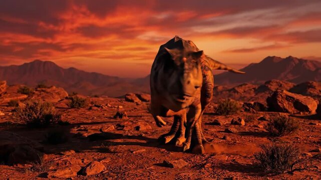 Carnotaurus roaring with open jaws and sharp teeth on barren red desert ground beneath a dramatic orange-red sunset sky, powerful theropod in arid prehistoric landscape