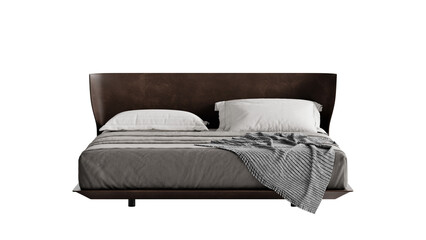 Contemporary double bed with a comforter and pillows on an isolated background.
