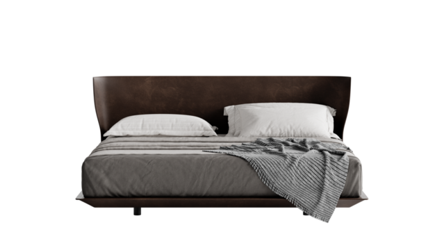 Contemporary double bed with a comforter and pillows on an isolated background.
