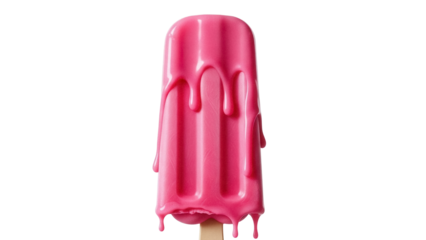 Bright pink popsicle with dripping glaze isolated PNG, sweet summer treat on transparent background for food design and dessert concepts