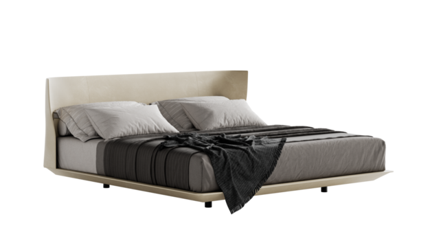 Bed with leather headboard on an isolated background. Furniture for collages, graphics designs, and presentations.
