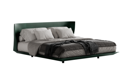 Modern double bed with bedding on an isolated background.
