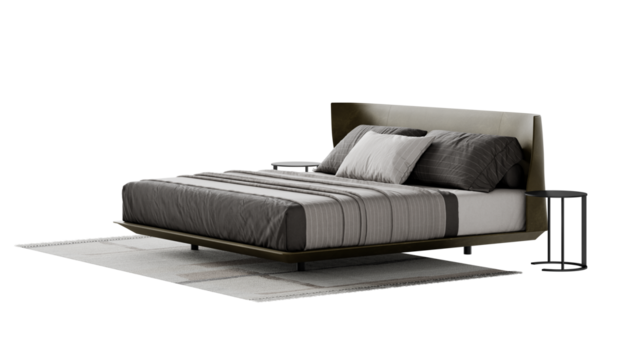 Double bed set with a carpet and pillows on a transparent background.
