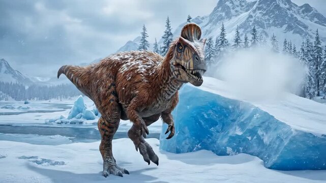 Cryolophosaurus dinosaur covered in feathers, enduring a harsh winter climate within a snowy glacial environment, surrounded by icebergs and frozen evergreen trees under a cold sky