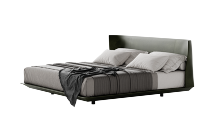 Contemporary bed with a blanket and pillows on a transparent background.
