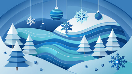 Elegant 3D Paper Cut Style Christmas Landscape Vector Background with Snowy Hills and Hanging Ornaments for Winter Holiday Greeting Cards