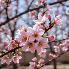 Delicate Cherry Blossoms in Full Bloom on a Sunny Spring Day in a Botanical Garden
