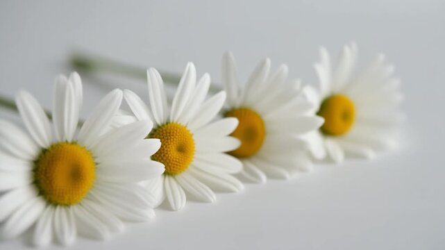 Four delicate white daisy flowers arranged in a neat row against a soft white background, symbolizing purity and simplicity in nature