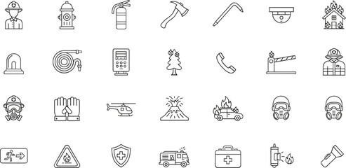 Firefighter Equipment, Rescue Operations, Natural Disaster Prevention, First Aid, and Evacuation Plan Symbols.