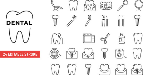 Dentistry Tools, Tooth Implants, Braces, Caries Treatment, and Stomatology Procedure Symbols.