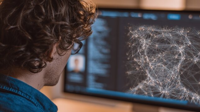 Medium shot of a person analyzing a detailed digital profile on a computer screen exploring social connections and online behavior patterns.